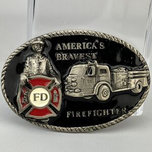 AMERICA'S BRAVEST FIRE FIGHTER Belt Buckle 1986 FD Fire Truck Black Red Enamel